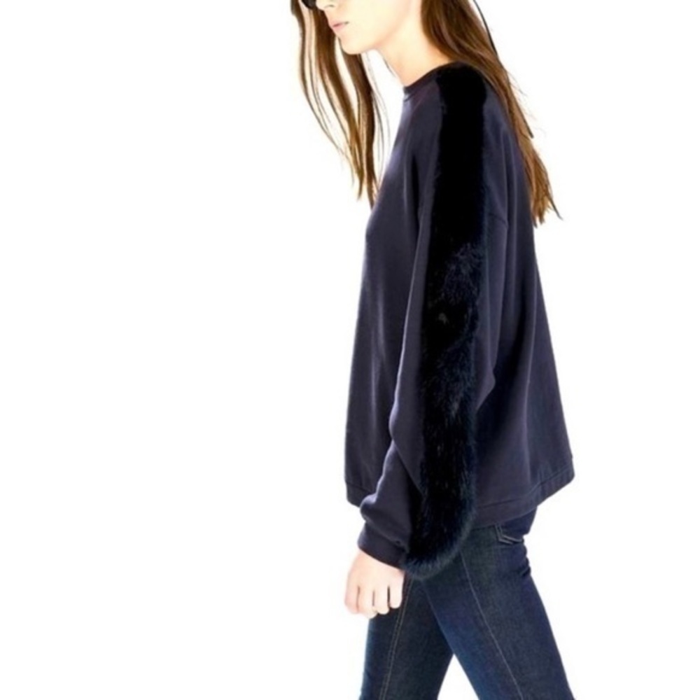 ZARA Plush Sweatshirt pullover faux fur sleeves navy blue S Gently Preloved - Picture 10 of 11